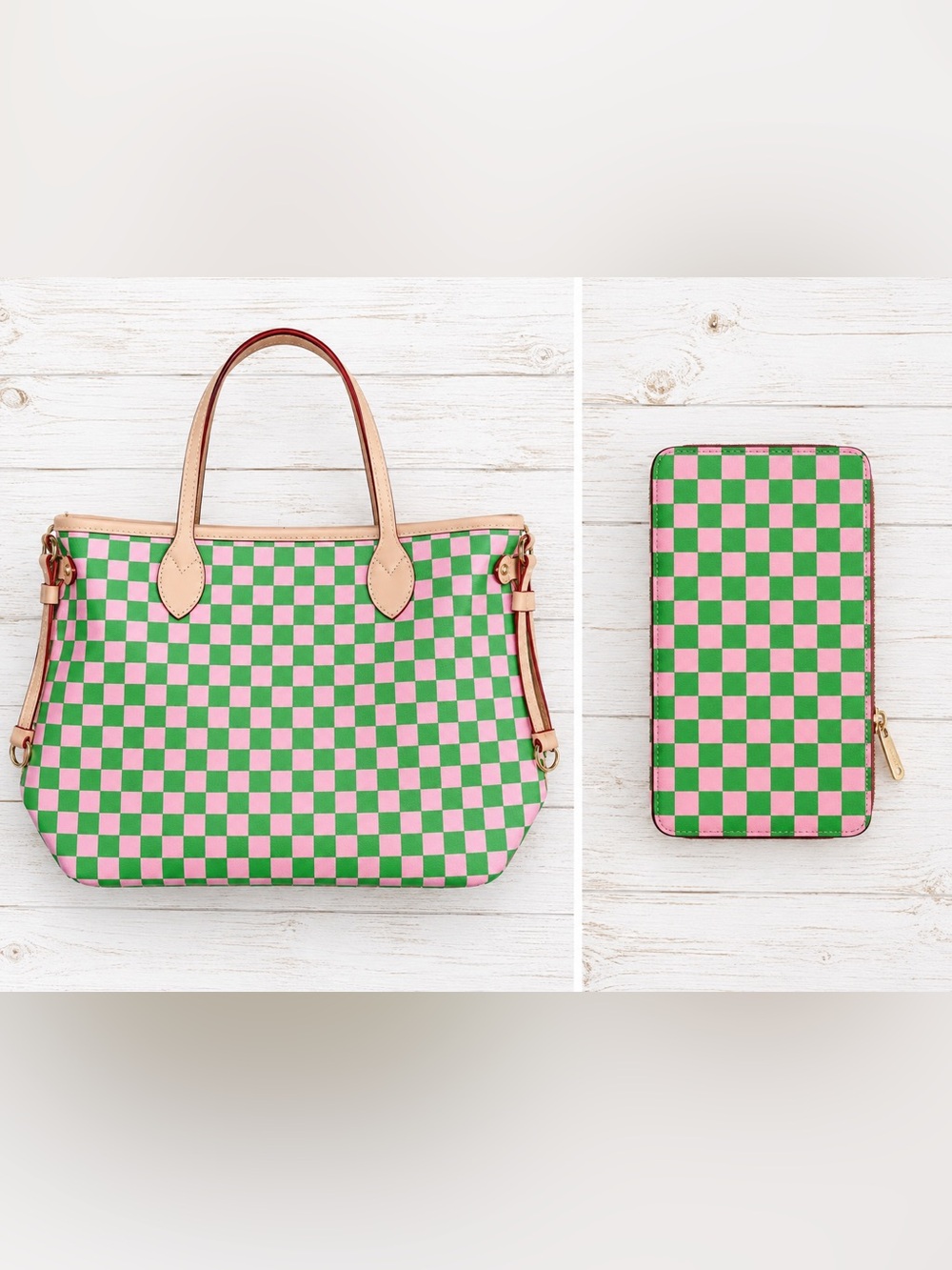 Pink and Green Checker Tote Bag with Neutral Trim